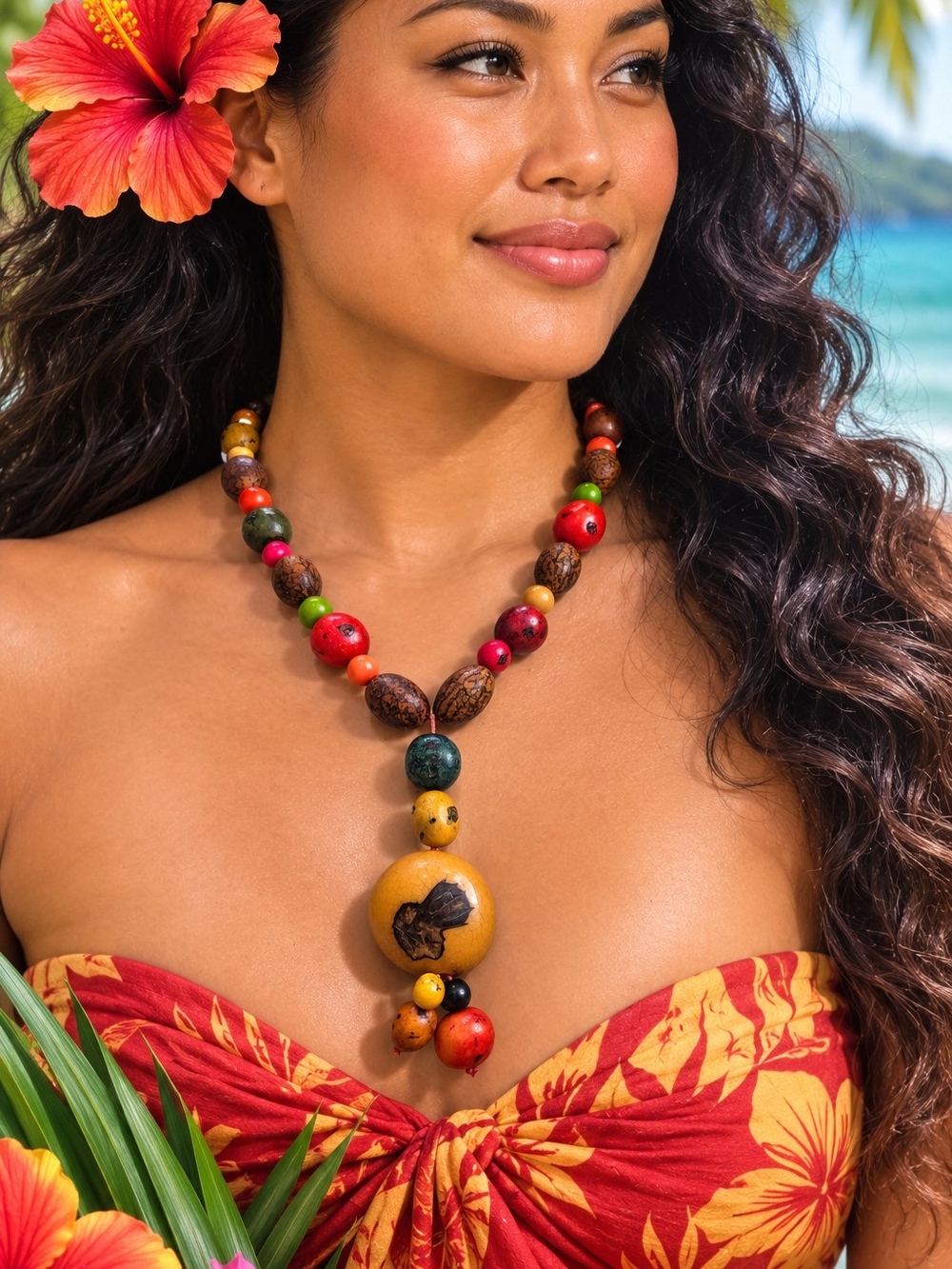 Tagua Nut And Salwag Bohemian Multicolor Beaded Pendant Necklace